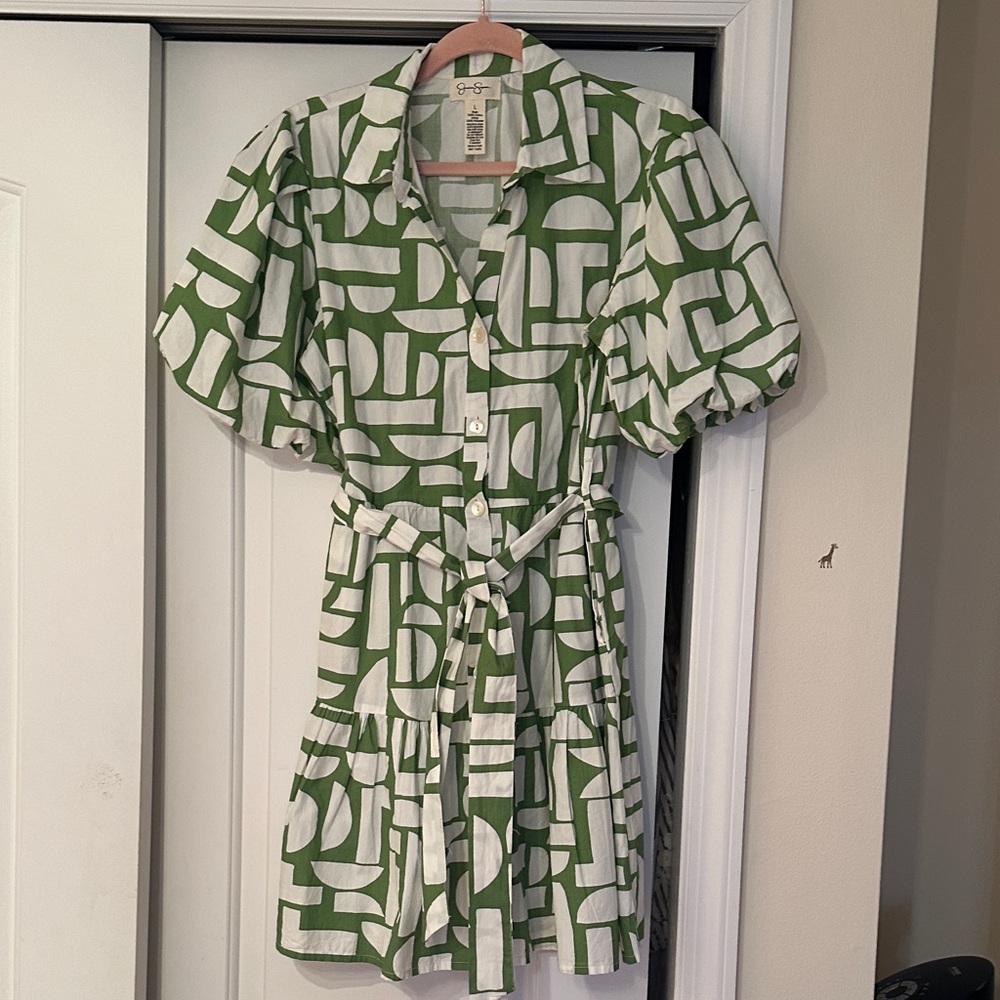 Jessica Simpson Green and White Geometric Mini Dress